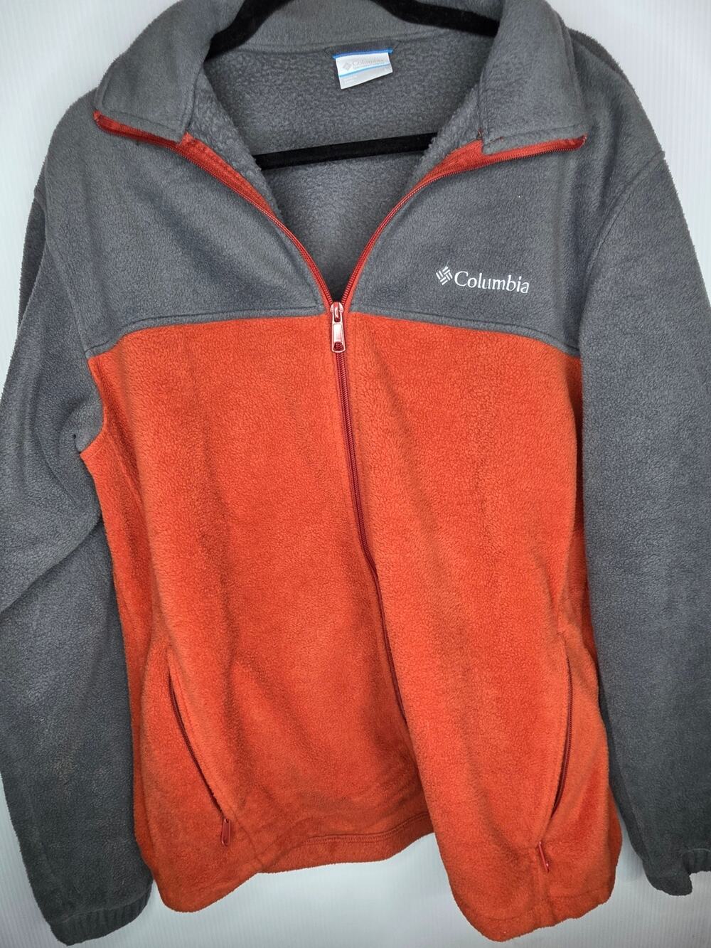 Columbia Gray Orange Full Zip Fleece Jacket Size L Colorblock Outdoor Hiking